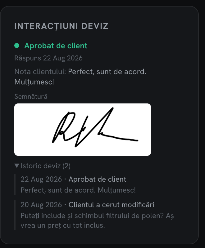 The estimate activity card: approved by the customer, with their signature