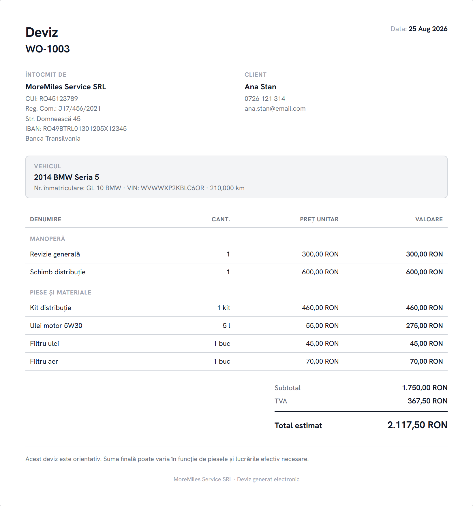 Printed estimate from the MoreMiles demo account: labor, parts, VAT and estimated total